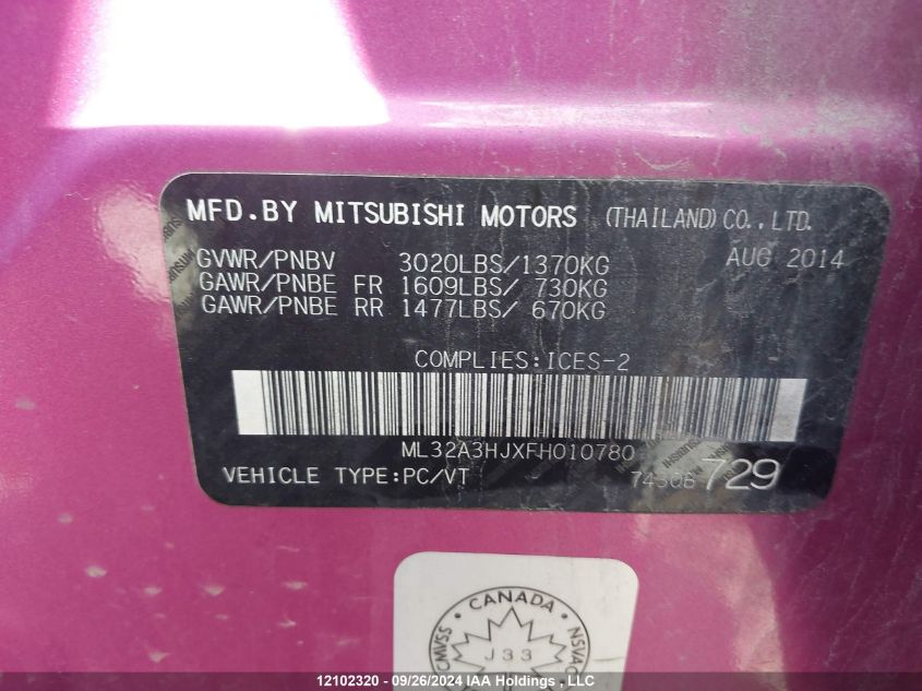 2015 Mitsubishi Mirage VIN: ML32A3HJXFH010780 Lot: 12102320