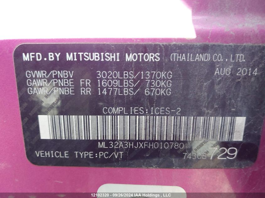 2015 Mitsubishi Mirage VIN: ML32A3HJXFH010780 Lot: 12102320