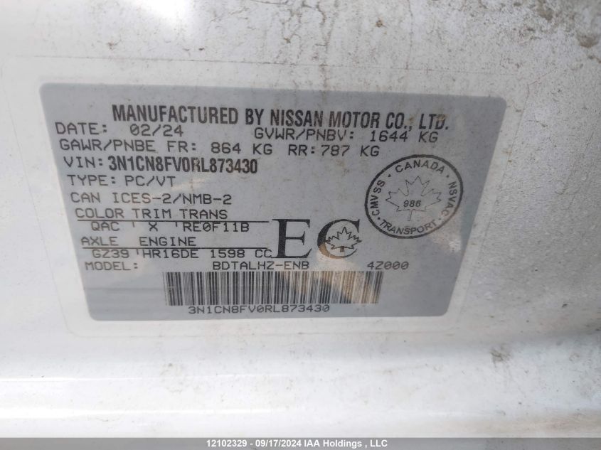 2024 Nissan Versa Sr VIN: 3N1CN8FV0RL873430 Lot: 12102329