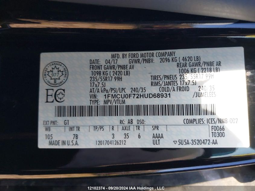 1FMCU0F72HUD68931 2017 Ford Escape