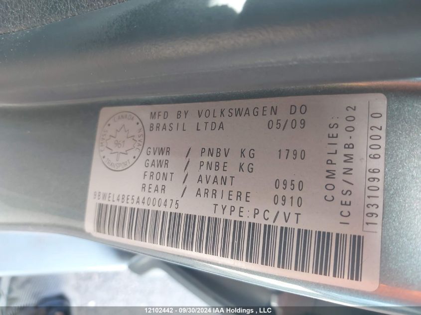 2010 Volkswagen City Golf VIN: 9BWEL4BE5A4000475 Lot: 12102442