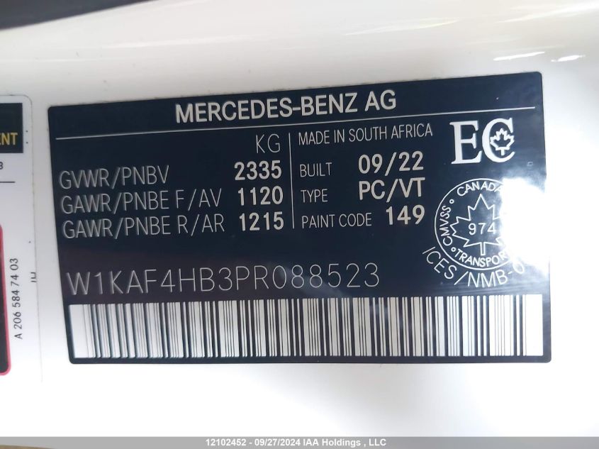 2023 Mercedes-Benz C 300 VIN: W1KAF4HB3PR088523 Lot: 12102452
