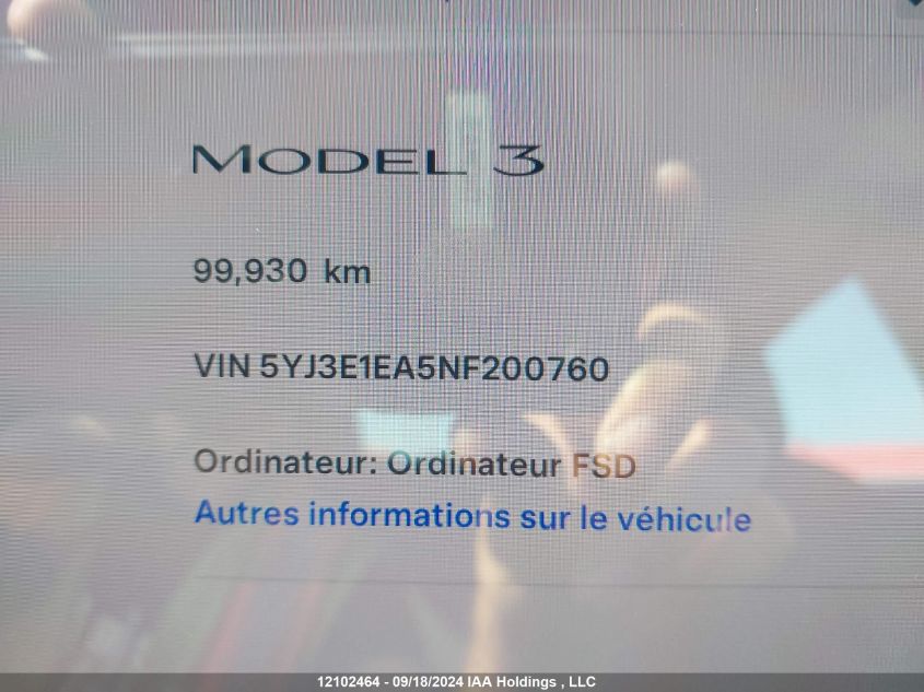 2022 Tesla Model 3 VIN: 5YJ3E1EA5NF200760 Lot: 12102464