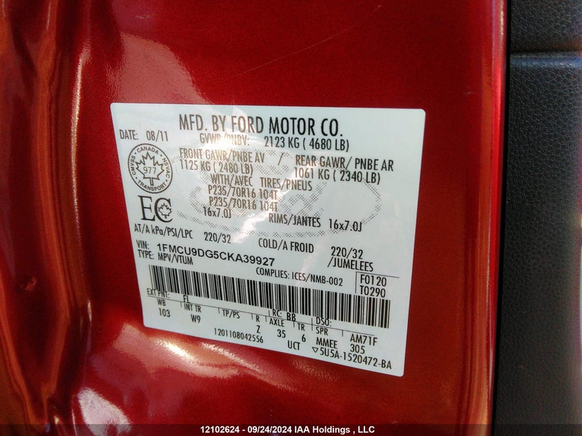 2012 Ford Escape Xlt VIN: 1FMCU9DG5CKA39927 Lot: 12102624