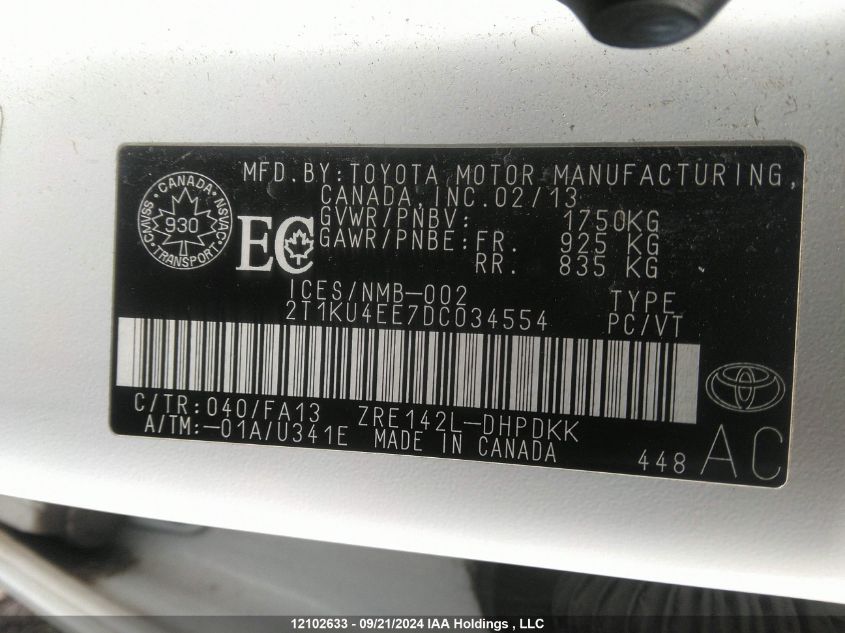 2T1KU4EE7DC034554 2013 Toyota Matrix