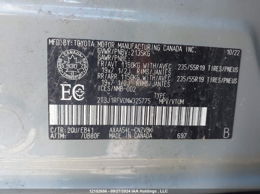2022 Toyota Rav4 Adventure/Trd Off Road VIN: 2T3J1RFV0NW325775 Lot: 12102656