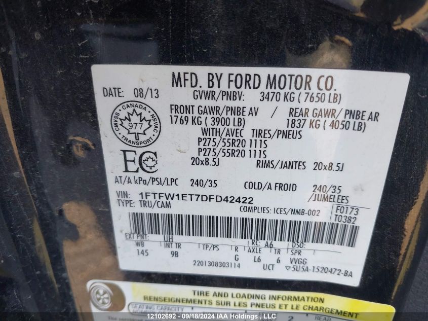 2013 Ford F150 Supercrew VIN: 1FTFW1ET7DFD42422 Lot: 12102692