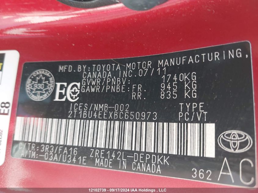 2011 Toyota Corolla Ce VIN: 2T1BU4EEXBC650973 Lot: 12102739