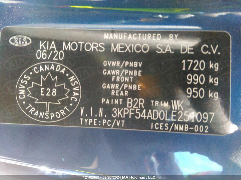 2020 Kia Forte VIN: 3KPF54AD0LE251097 Lot: 12102866