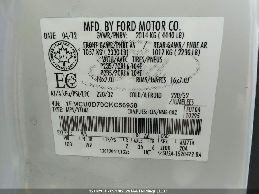 1FMCU0D70CKC56958 2012 Ford Escape Xlt