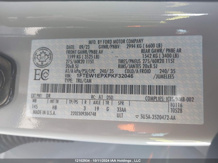 2023 Ford F-150 VIN: 1FTEW1EPXPKF32046 Lot: 12102934