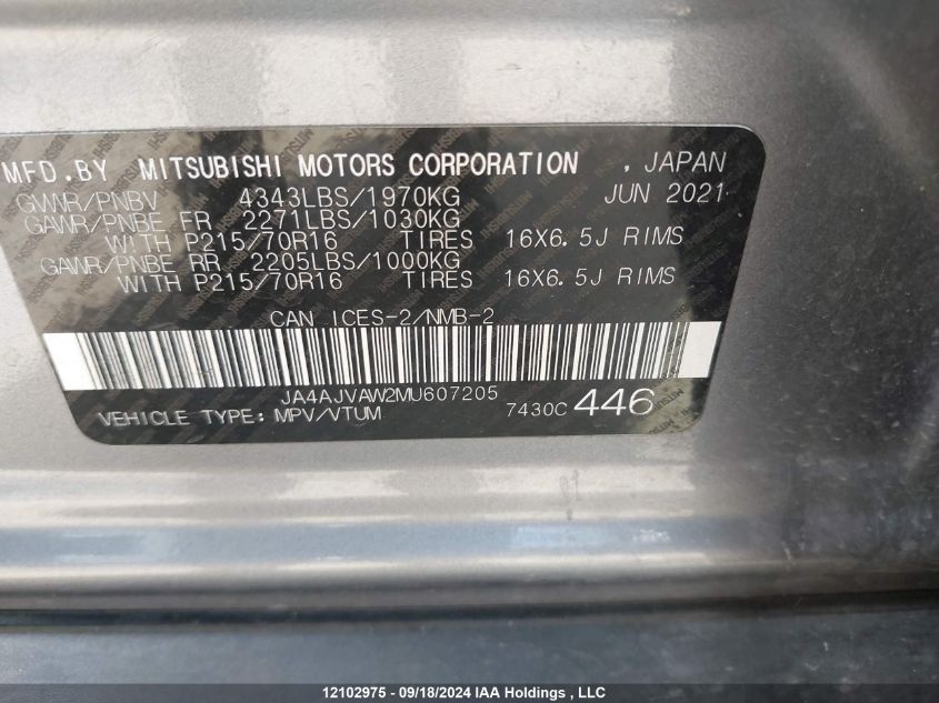 2021 Mitsubishi Rvr VIN: JA4AJVAW2MU607205 Lot: 12102975