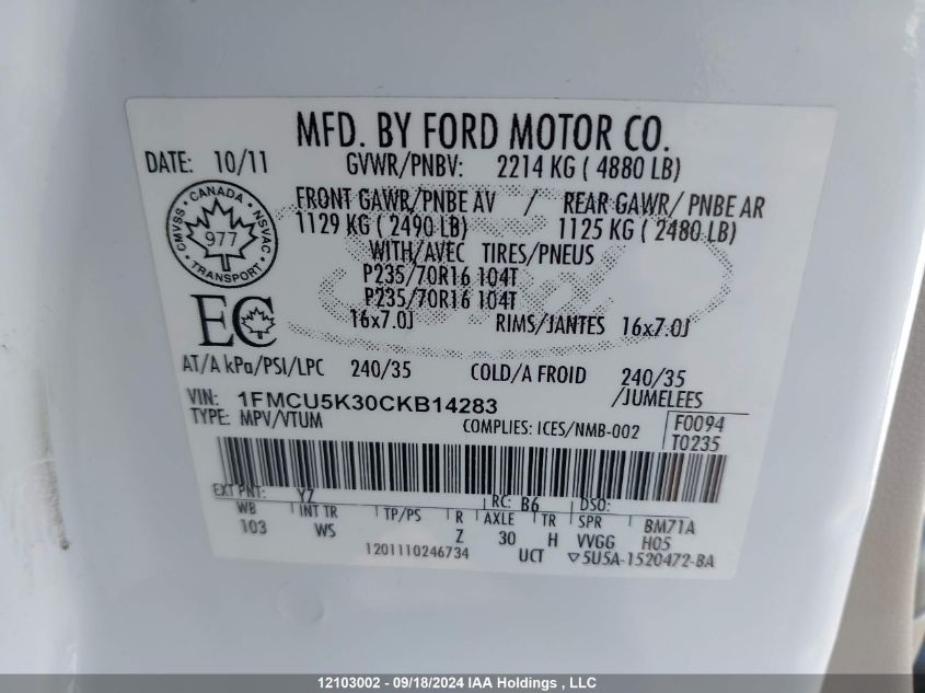 1FMCU5K30CKB14283 2012 Ford Escape Hybrid