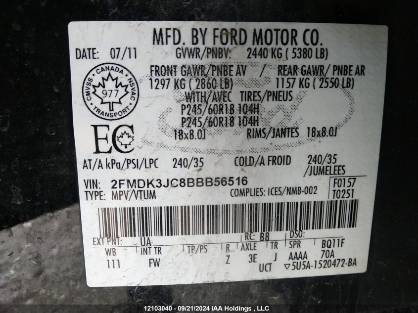 2FMDK3JC8BBB56516 2011 Ford Edge Sel