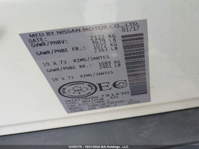 2017 Nissan Rogue VIN: 5N1AT2MV0HC781430 Lot: 12103170