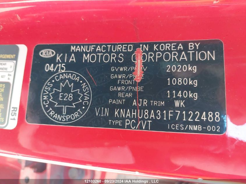 KNAHU8A31F7122488 2015 Kia Rondo