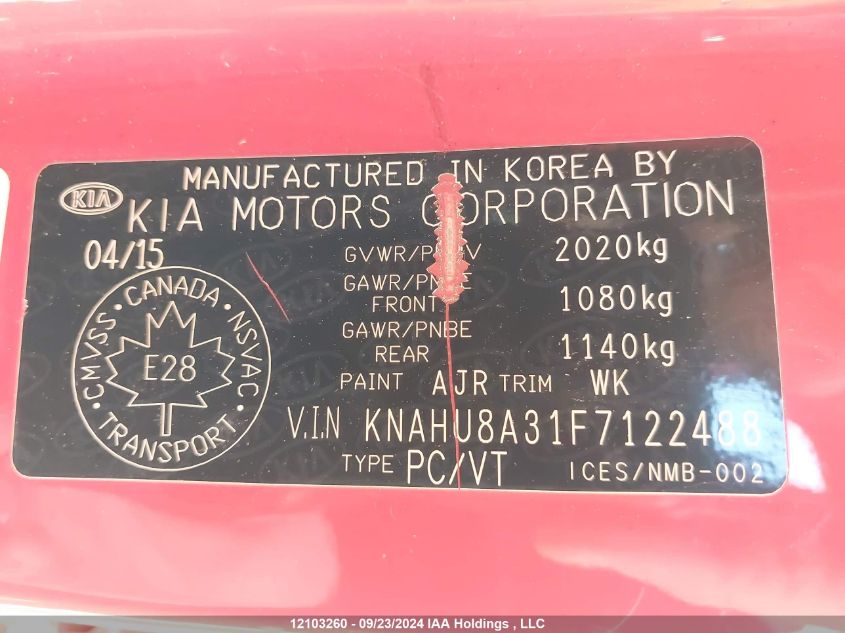 KNAHU8A31F7122488 2015 Kia Rondo