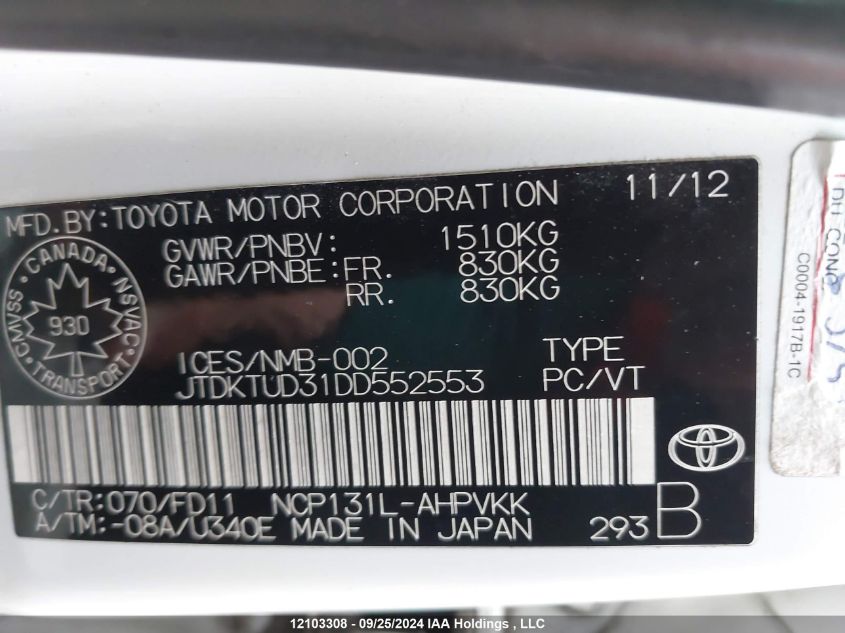 2013 Toyota Yaris VIN: JTDKTUD31DD552553 Lot: 12103308