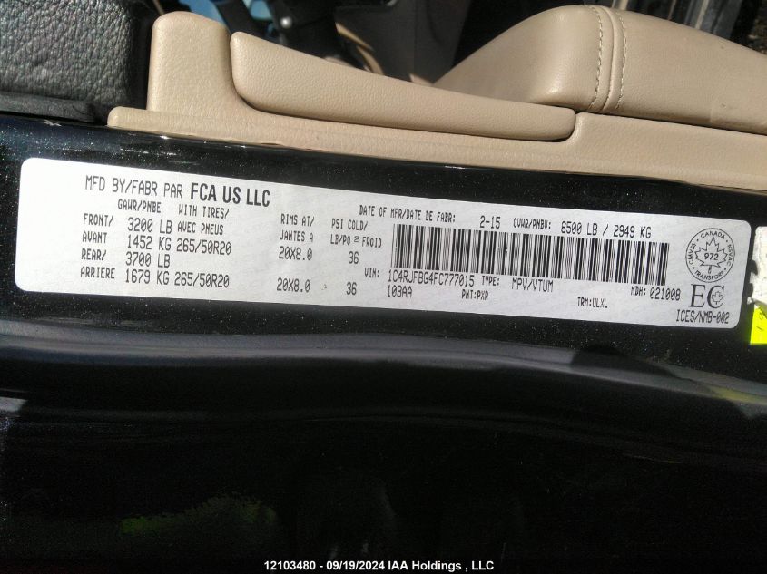 2015 Jeep Grand Cherokee Limited VIN: 1C4RJFBG4FC777015 Lot: 12103480