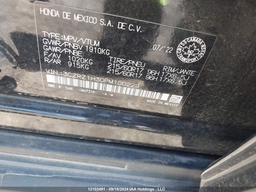 2023 Honda Hr-V VIN: 3CZRZ1H30PM100229 Lot: 12103491