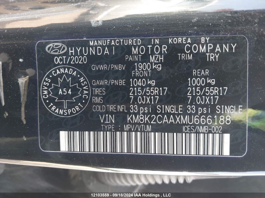 2021 Hyundai Kona Sel VIN: KM8K2CAAXMU666188 Lot: 12103559