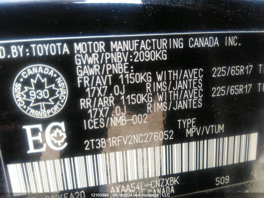 2022 Toyota Rav4 Le VIN: 2T3B1RFV2NC276052 Lot: 12103560