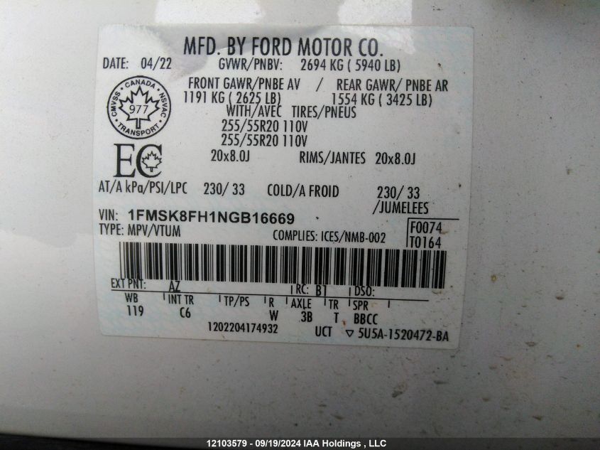 1FMSK8FH1NGB16669 2022 Ford Explorer Limited