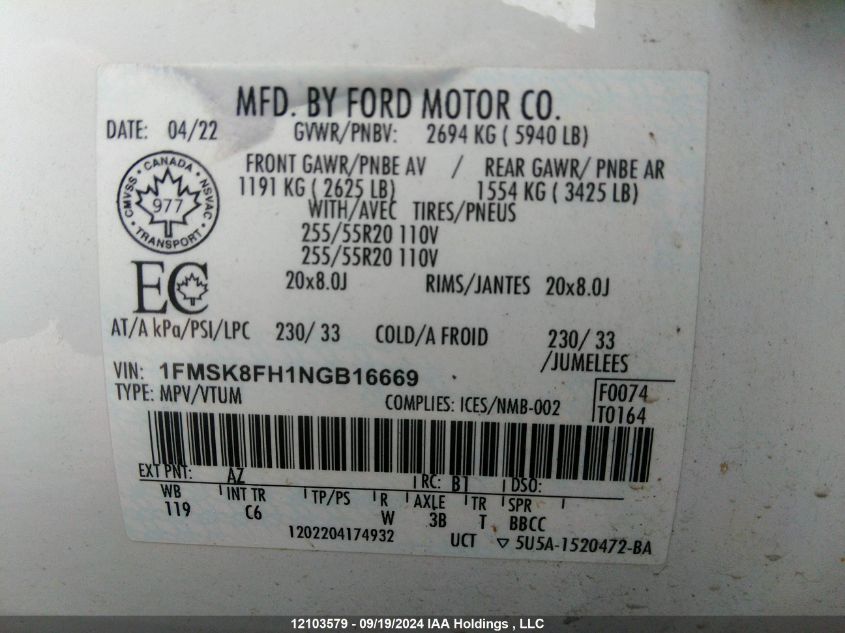 1FMSK8FH1NGB16669 2022 Ford Explorer Limited