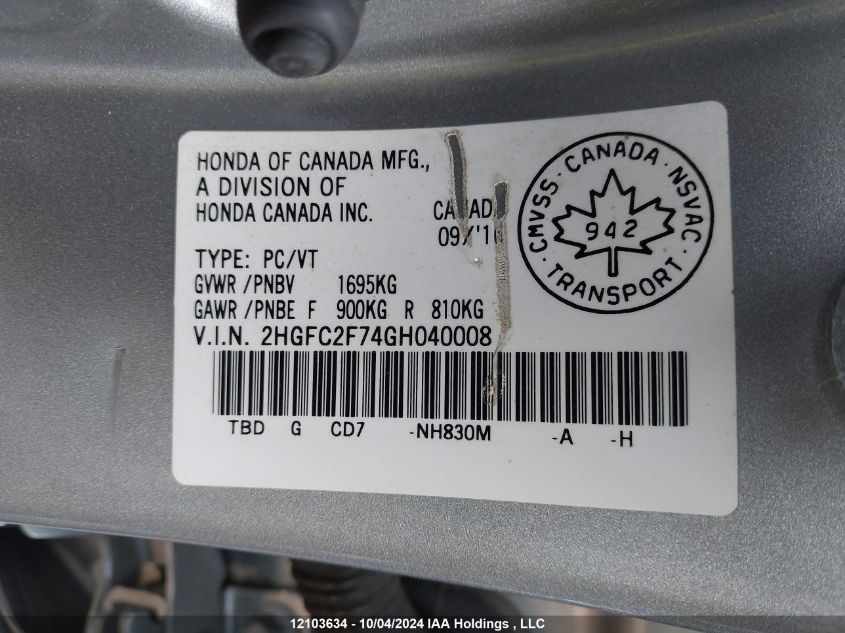 2HGFC2F74GH040008 2016 Honda Civic