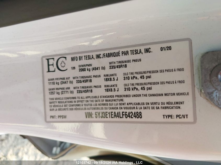 2020 Tesla Model 3 VIN: 5YJ3E1EA4LF642488 Lot: 12103742