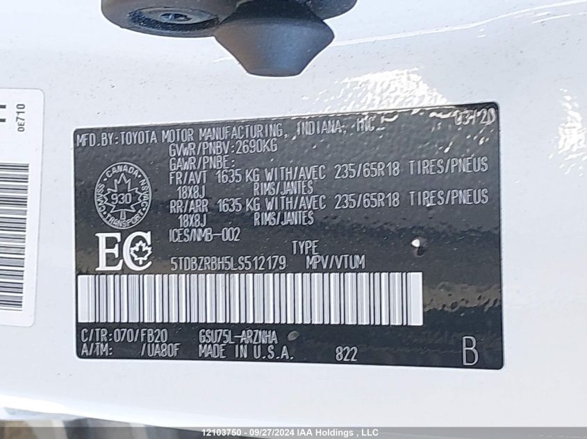 2020 Toyota Highlander Le VIN: 5TDBZRBH5LS512179 Lot: 12103750