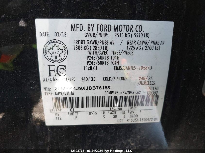 2FMPK4J9XJBB76188 2018 Ford Edge Sel