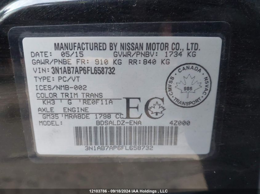 2015 Nissan Sentra VIN: 3N1AB7AP6FL658732 Lot: 12103786