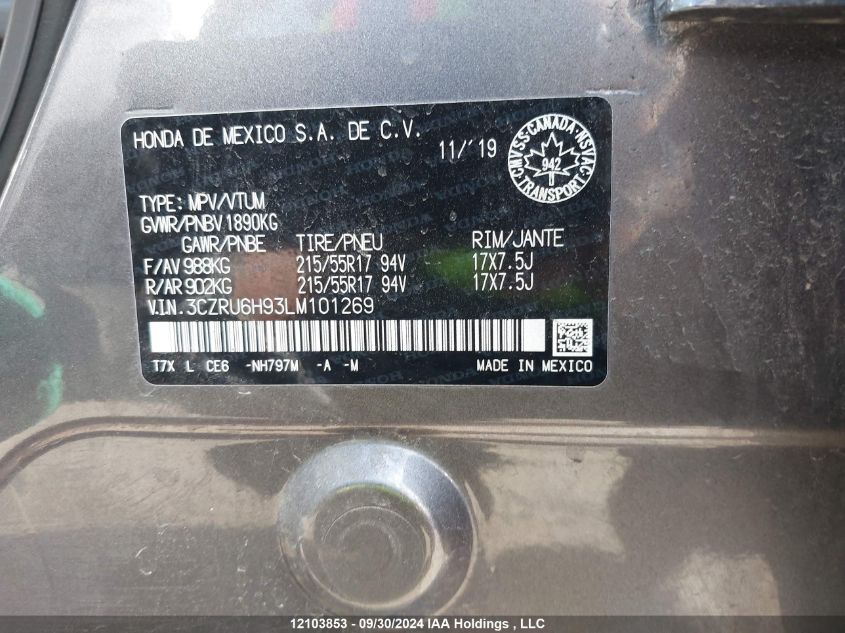2020 Honda Hr-V VIN: 3CZRU6H93LM101269 Lot: 12103853