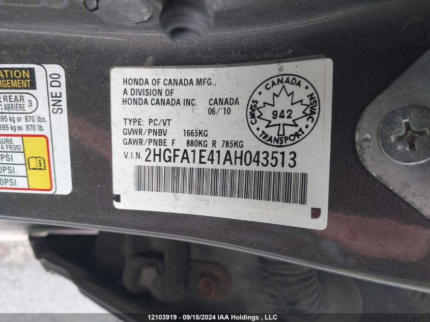 2HGFA1E41AH043513 2010 Honda Civic Sdn