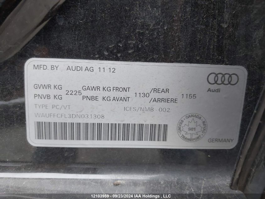 2013 Audi A4 VIN: WAUFFCFL3DN031308 Lot: 12103959