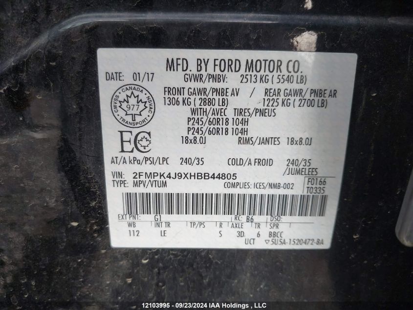 2017 Ford Edge Sel VIN: 2FMPK4J9XHBB44805 Lot: 12103995