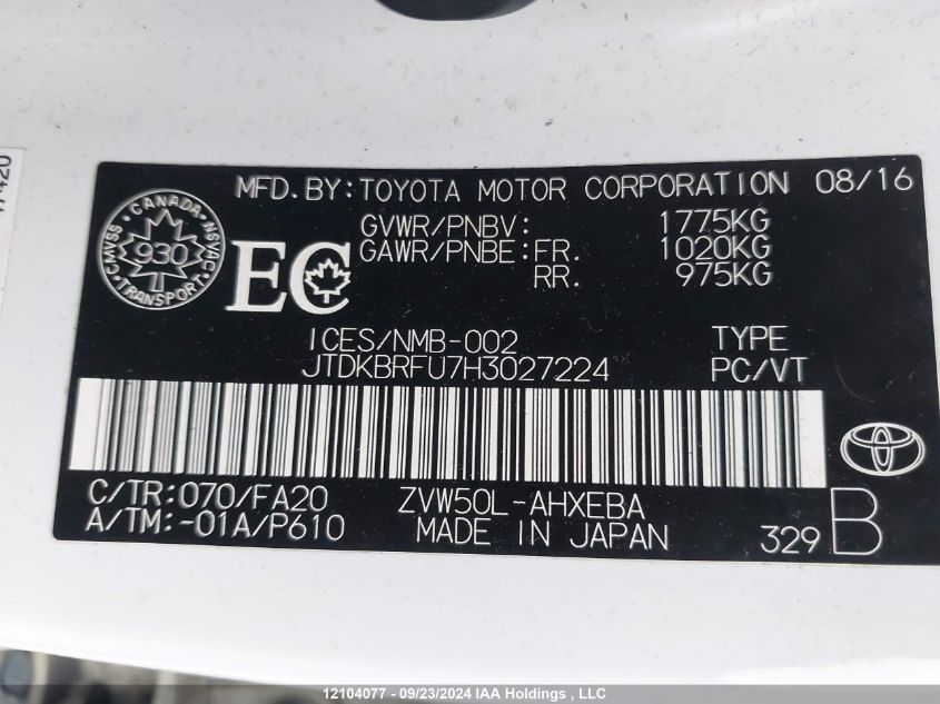 2017 Toyota Prius VIN: JTDKBRFU7H3027224 Lot: 12104077