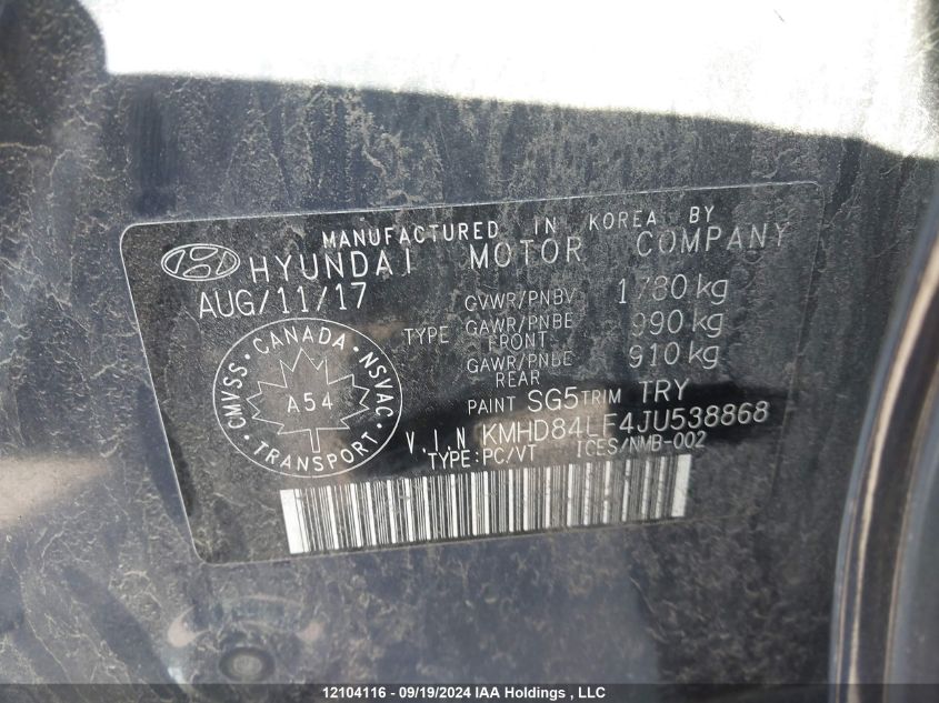 KMHD84LF4JU538868 2018 Hyundai Elantra Gl Se