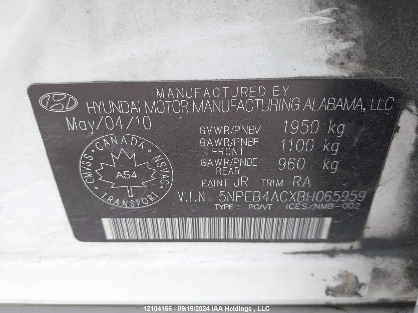 5NPEB4ACXBH065959 2011 Hyundai Sonata Gls