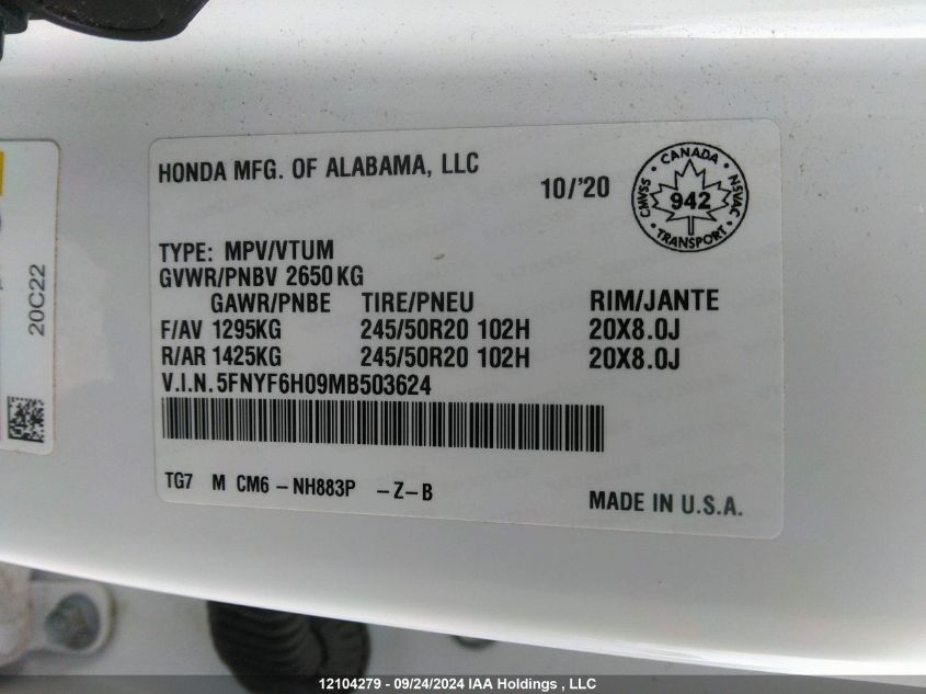 2021 Honda Pilot VIN: 5FNYF6H09MB503624 Lot: 12104279