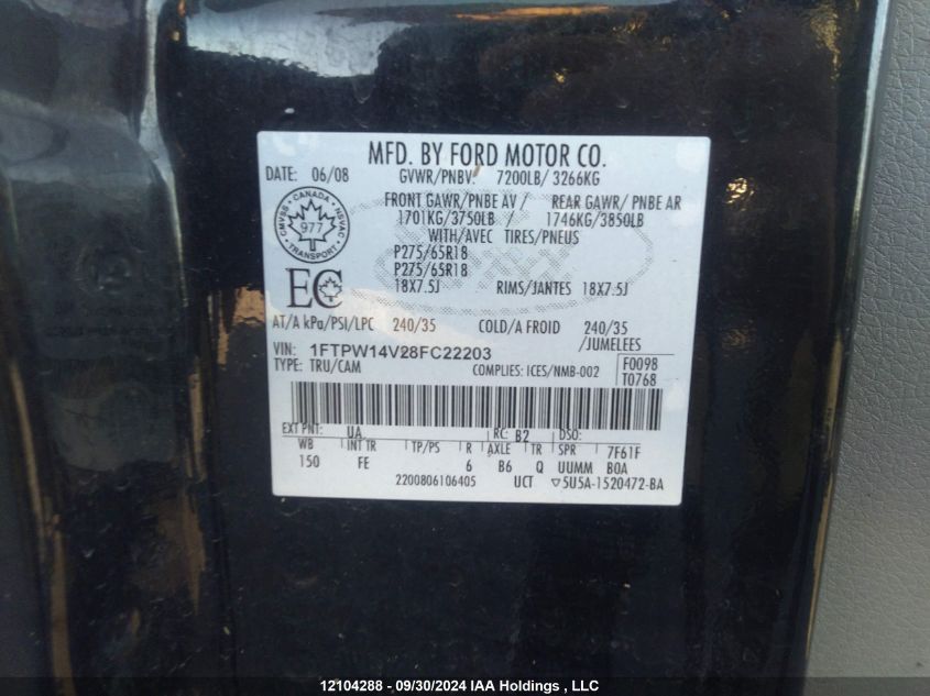 2008 Ford F-150 VIN: 1FTPW14V28FC22203 Lot: 12104288