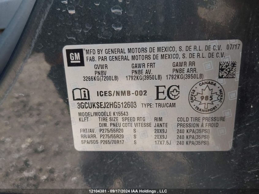 2017 Chevrolet Silverado K1500 Ltz VIN: 3GCUKSEJ2HG512603 Lot: 12104381