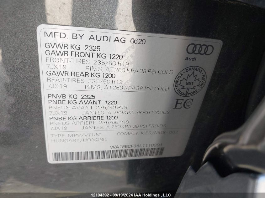 2020 Audi Q3 VIN: WA1EECF36L1110201 Lot: 12104392