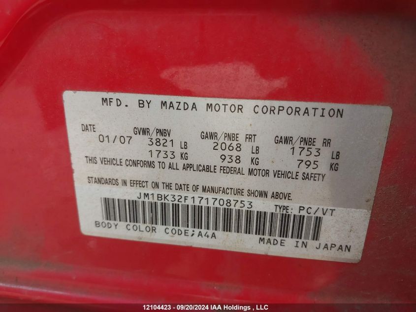 2007 Mazda Mazda3 VIN: JM1BK32F171708753 Lot: 12104423