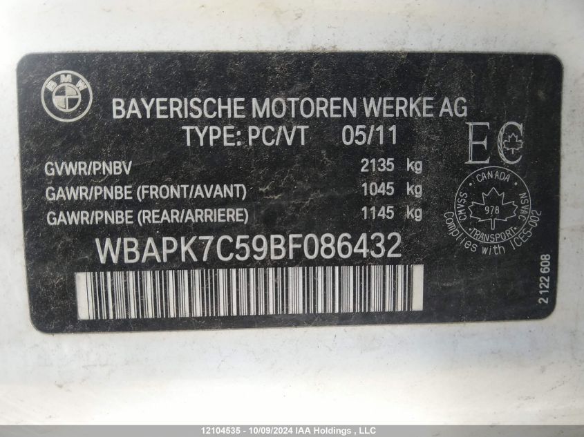 2011 BMW 328 Xi VIN: WBAPK7C59BF086432 Lot: 12104535