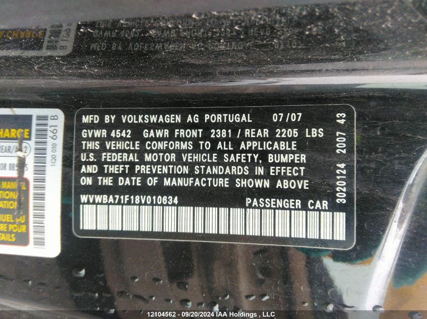 2008 Volkswagen Eos VIN: WVWBA71F18V010634 Lot: 12104562