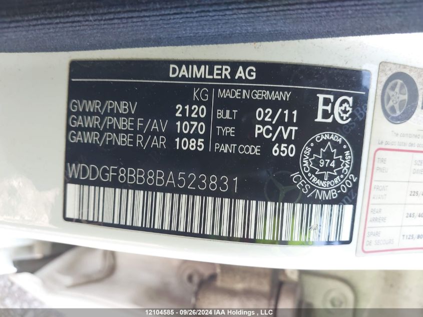 2011 Mercedes-Benz C 300 VIN: WDDGF8BB8BA523831 Lot: 12104585