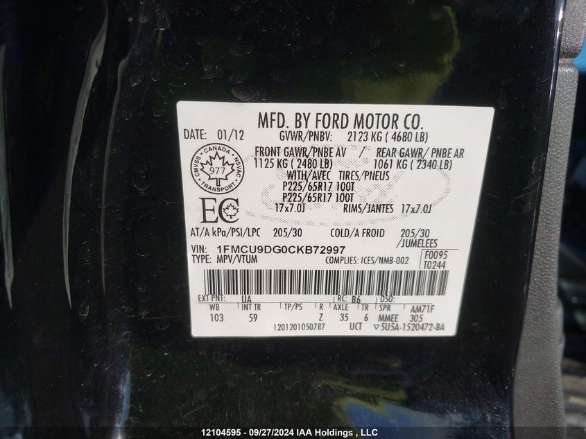 2012 Ford Escape Xlt VIN: 1FMCU9DG0CKB72997 Lot: 12104595