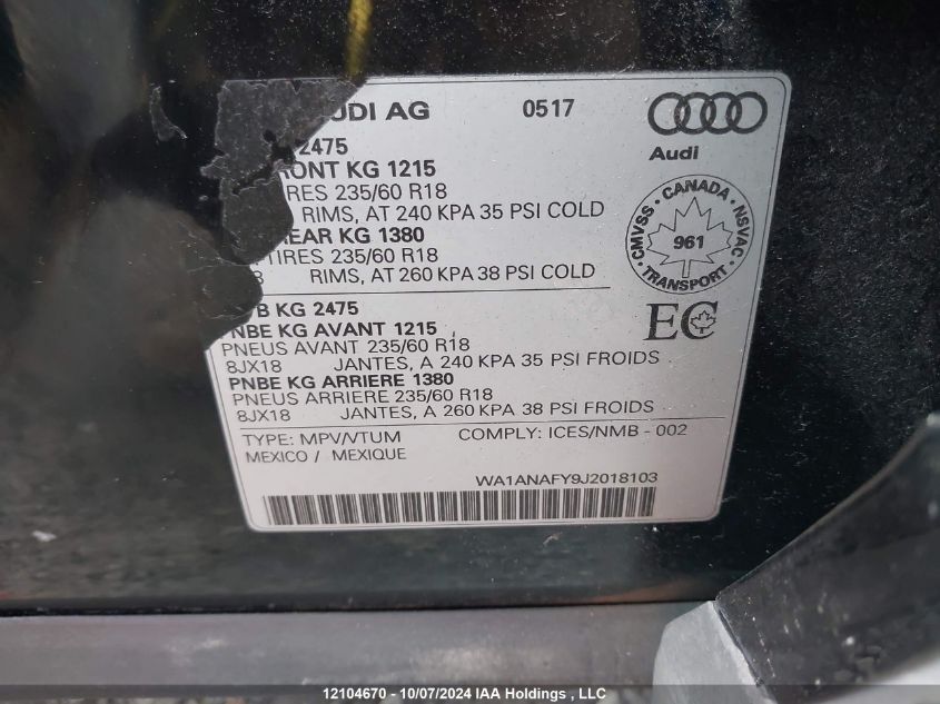 2018 Audi Q5 VIN: WA1ANAFY9J2018103 Lot: 12104670